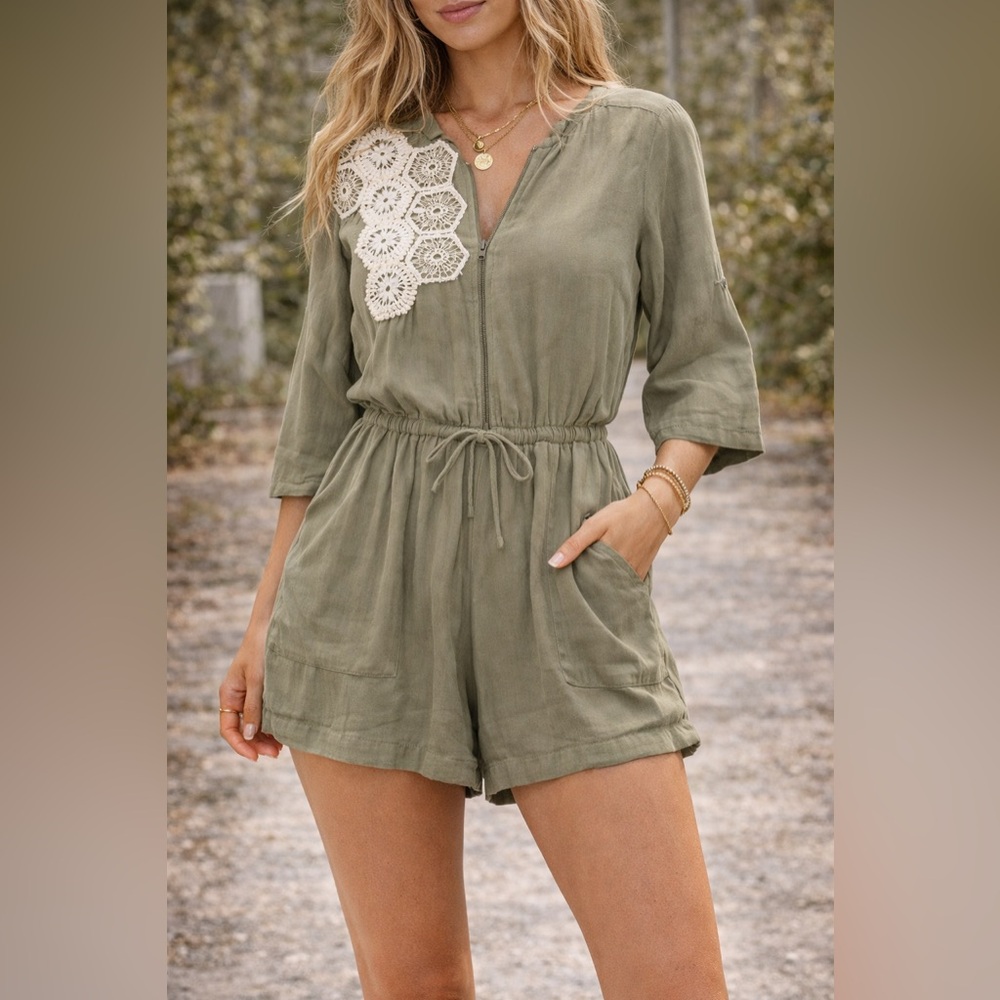NWT Dqmane Olive Green Romper with Cutout Lace Detail Sz: S